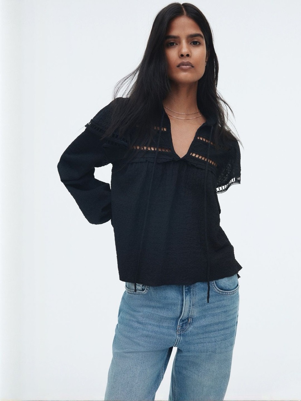 H&M Textured Openwork Trim Tie-Neck Blouse